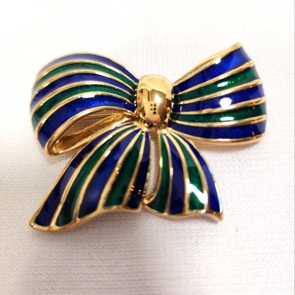 Blue, Green and Gold Bow Brooch Pin